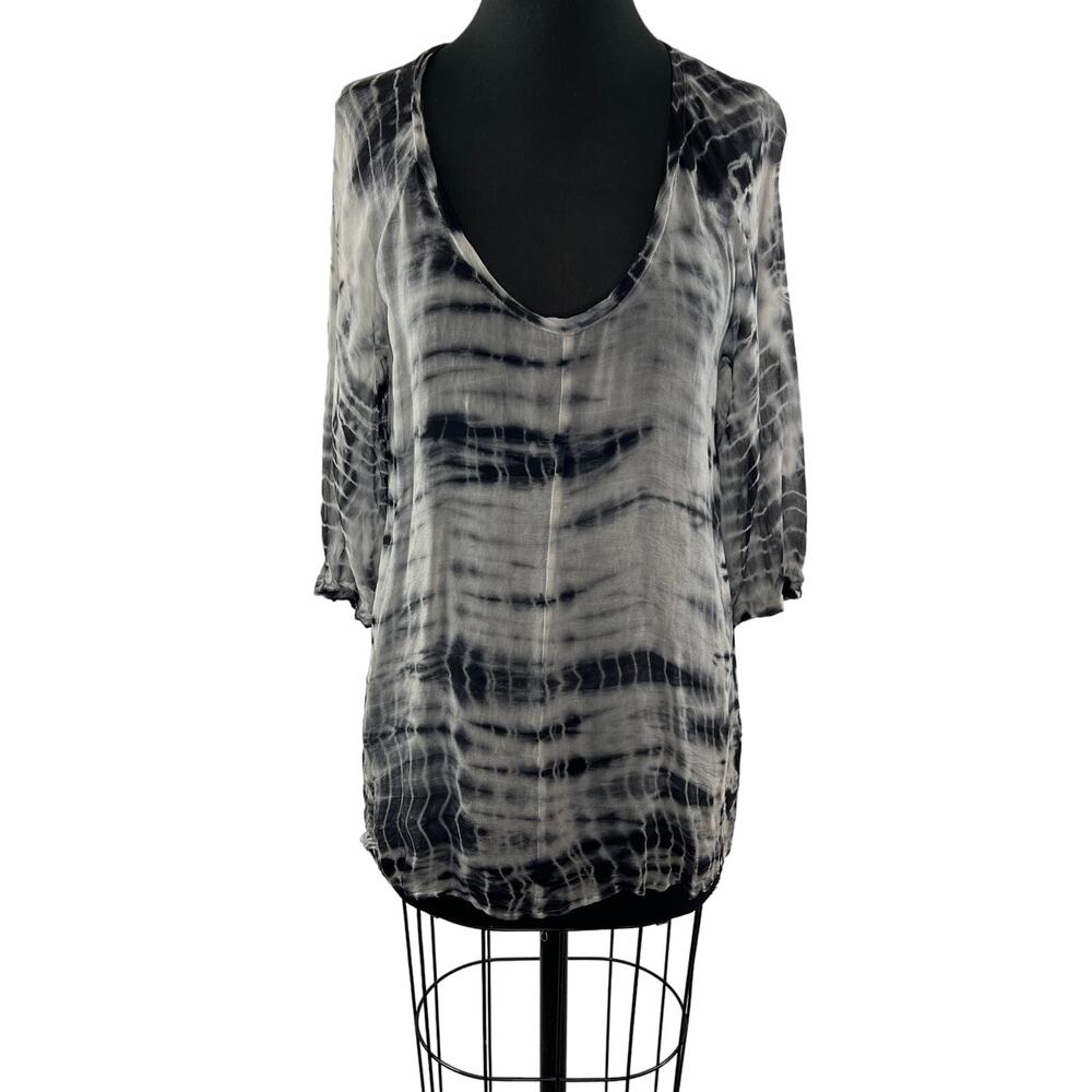 DKNY JEANS Gray Black Tie-Dye 3/4 Sleeve Scoop Neck Pullover Tunic Top Size S